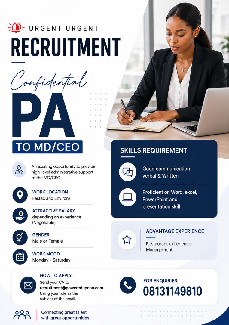 PoweredupCon's tweet photo. Are you a highly organized professional with top-tier administrative skills? We are looking for a dedicated Personal Assistant to provide high-level support to the MD/CEO.
📧 How to Apply:
Send your CV to recruitment@poweredupcon.com with the job role as your email subject. https://t.co/SKSo0DgIfX