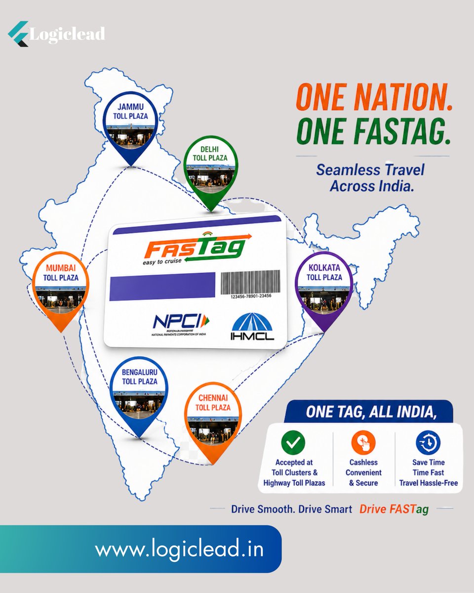 Logicleadfastag's tweet image. Travel hassle-free across India 🇮🇳
अब हर toll पर रुकने की जरूरत नहीं — FASTag ke saath seamless journey ka experience lo 🚗💨

#fastag #digitalindia #cashlessindia #highwaytravel #indiatravel #ontheroad #smarttravel #tollfree #carowners #drivesafe