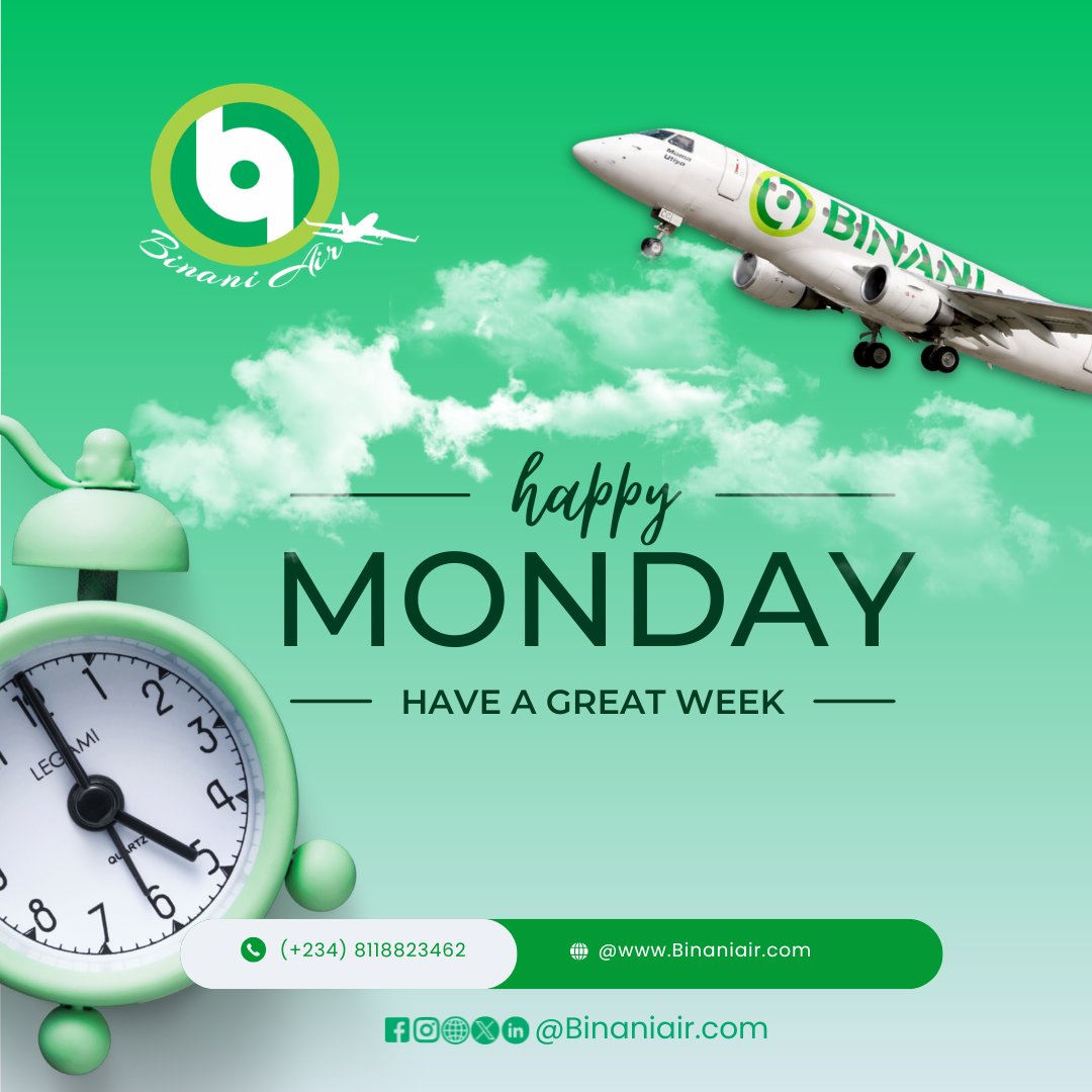 BinaniAir's tweet image. A Happy Monday to you!
A new week is not just another cycle — it’s a fresh runway.
We believe every Monday is an opportunity to begin again. Here’s to a week of clarity, progress, and smooth journeys ahead.
#HappyMonday #FlyBinaniAir #NewWeekNewGoals #FlyBetter