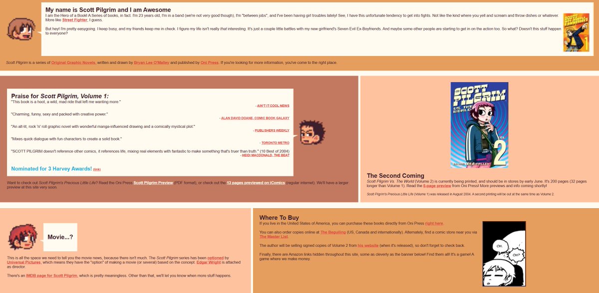 Around May 4, 2005 the Scott Pilgrim website was updated which included these sprites of Scott, Wallace, and Ramona hovering of them reveals small descriptions which are "Scott W. Pilgrim, 23 years old", "Wallace P. Wells, 25 years old", and finally "Ramona Flowers, age unknown"