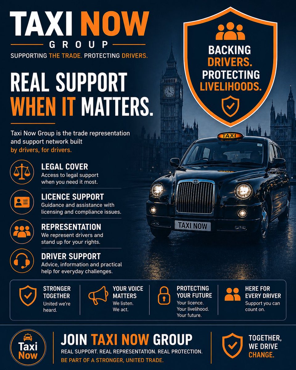TaxiNowGroup's tweet photo. Taxi Now Group

Trade-led. Driver-backed. Representing licensed taxis.

✔ Legal cover available

✔ Income protection insurance available

✔ Support for licensed taxis nationwide

✔ And many more member benefits

🔗 Learn more: https://t.co/mjzNu76KQ6 https://t.co/g381LSj8WC