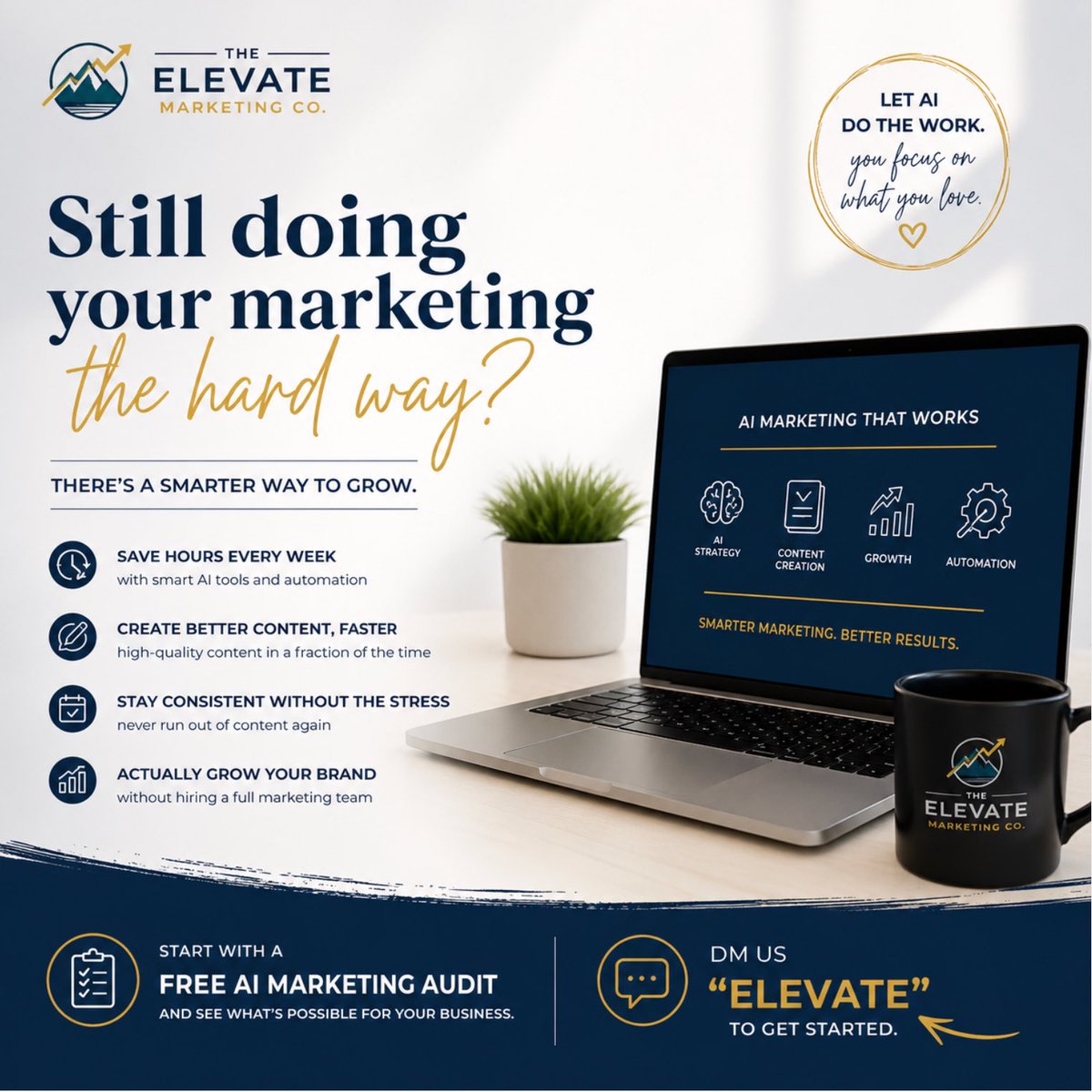 ElevateMktgCo's tweet photo. High-quality content shouldn't cost you your weekends. With the right Al tools and automation strategies, you can stay consistent, grow your reach, and actually enjoy the process again.
Want a smarter way to grow? DM us "ELEVATE" to claim
your Free Al Marketing Audit today! https://t.co/Gtn4Yl2fV8