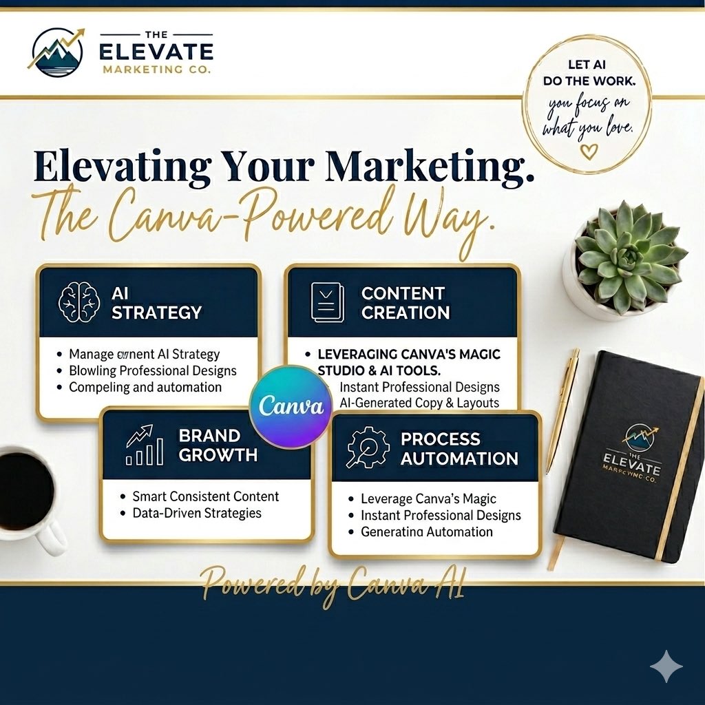 ElevateMktgCo's tweet photo. Our team has officially integrated Canva AI into our workflow to elevate your brand’s content creation. With Canva’s cutting-edge AI tools, we’re delivering professional designs and powerful automation in record time. Discover a smarter way to grow your brand. 📈⚡ https://t.co/2ExQMbYJfs