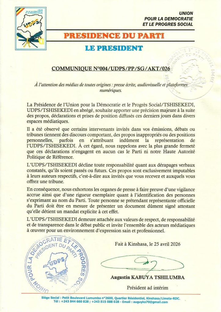 #UDPS: #Augustin #Kabuya désavoue les « dérapages verbaux » de certains intervenants médiatiques et invite les médias à une « rigueur exemplaire » quant à l’identification des personnes s’exprimant au nom du parti.

« Toute personne se réclamant d’un mandat officiel doit