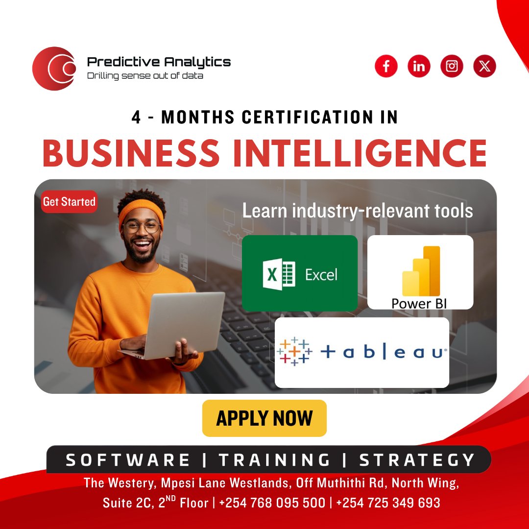 PredictiveLabKe's tweet photo. This Certification program is designed to equip you with practical, in demand skills using Excel, Power BI, and Tableau.Whether you're starting out or upskilling, this program gives you the confidence to analyze data and drive real business insights. Ready to level up?Apply now. https://t.co/RB8Xxlb6Oi