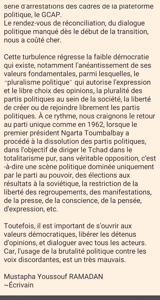 Moustaphyou's tweet photo. #Tchad: la régression de la démocratie, et la crainte d'un retour au parti unique !

Dès la prise du pouvoir en avril 2021 par la junte militaire composée de 15 généraux au lendemain du décès du Maréchal Idriss Deby, jusqu'aujourd'hui pratiquement cinq (5) ans […]
👇 https://t.co/Jc725Tow8f