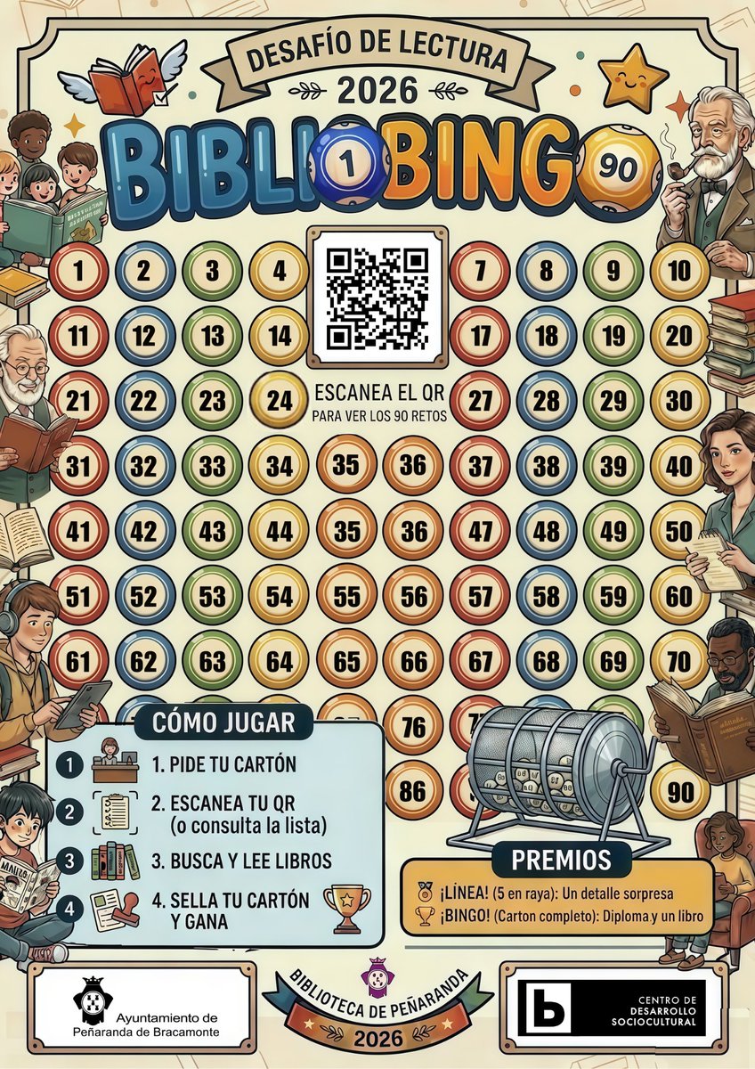 cds_gsr's tweet photo. ¿Quién dijo que leer no tiene premio? 📚✨ En la Biblioteca de Peñaranda ya estamos jugando al #BiblioBingo.

Acepta el reto, completa tu cartón con nuevas lecturas y descubre géneros que no conocías. ¡Leer también es jugar! 🎰📖

Toda la info aquí: 🔗 https://t.co/mlSqtfzi7k https://t.co/TUTRVz56Bk