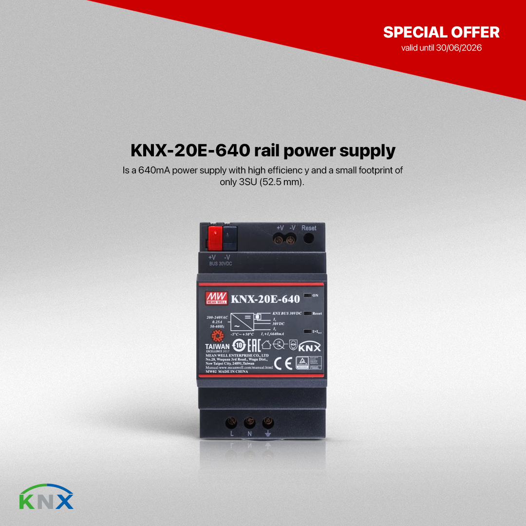 FuturasmusGroup's tweet image. KNX-20E-640 rail power supply with intergated choke; Output 30Vdc at 640 mA.  The device has a KNX bus chok e output and an additional output for ancillar y power. 

🔵 Web code 20146 · Mean Well.

👉🏻 futurasmus-knxgroup.com/producto.php?c…

#futurasmus #knx #homeautomation #knxoffer #Meanwell