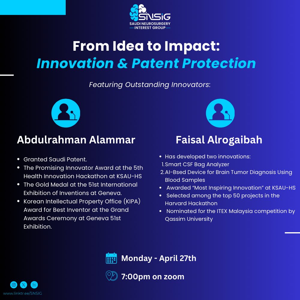 Saudi_NSIG's tweet photo. Join us for our upcoming lecture:
“From Idea to Impact: Innovation &amp; Patent Protection”

Featuring innovators sharing the path from concept to creation and patent protection.

📅 Monday, April 27
⏰ 7:00 PM
📍 Zoom: https://t.co/QYBU5GbVWg https://t.co/MGSm3fs8EW