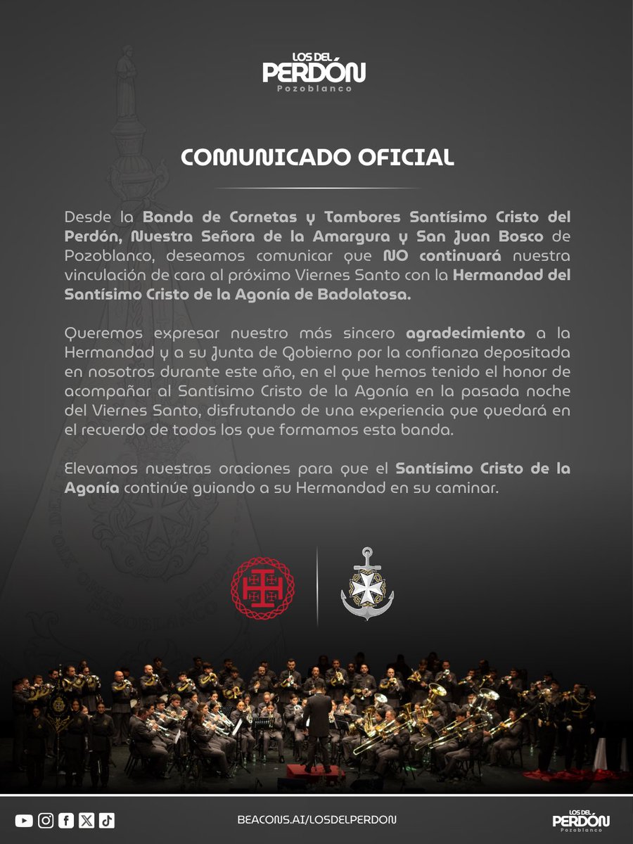 LosdelPerdon's tweet photo. 𝗖𝗢𝗠𝗨𝗡𝗜𝗖𝗔𝗗𝗢 𝗢𝗙𝗜𝗖𝗜𝗔𝗟  

Con la publicación de este comunicado ponemos fin a nuestra etapa junto al Santísimo Cristo de la Agonía de Badolatosa.

Ha sido un año de compromiso, trabajo y vivencias que quedarán en la memoria de nuestra banda. https://t.co/W7dRS0cSRx