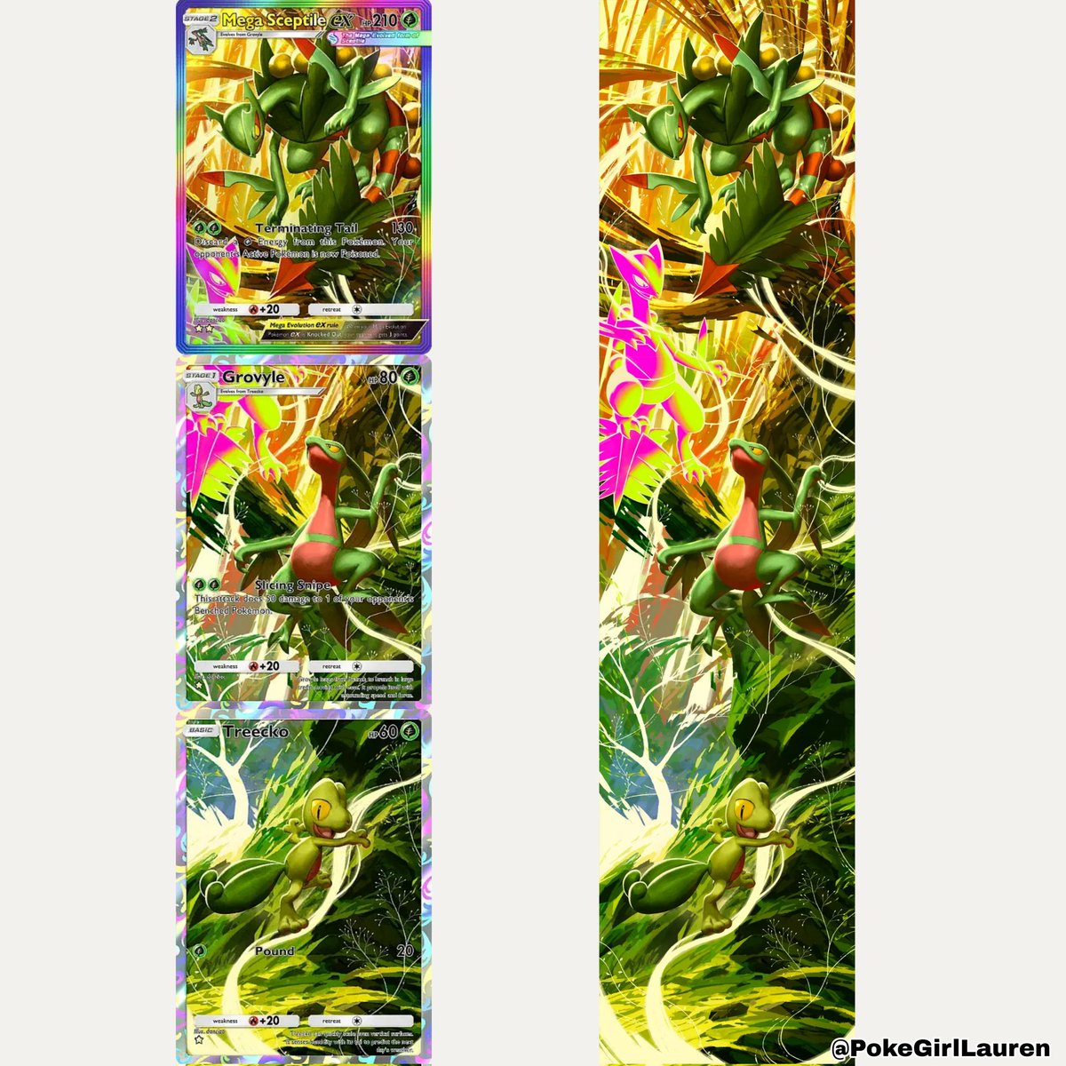 PokeGirlLauren's tweet photo. Treecko, Grovyle and Mega Sceptile ex  from Pulsing Aura are connected artworks #PokemonTCGPocket https://t.co/bCrreXRocX