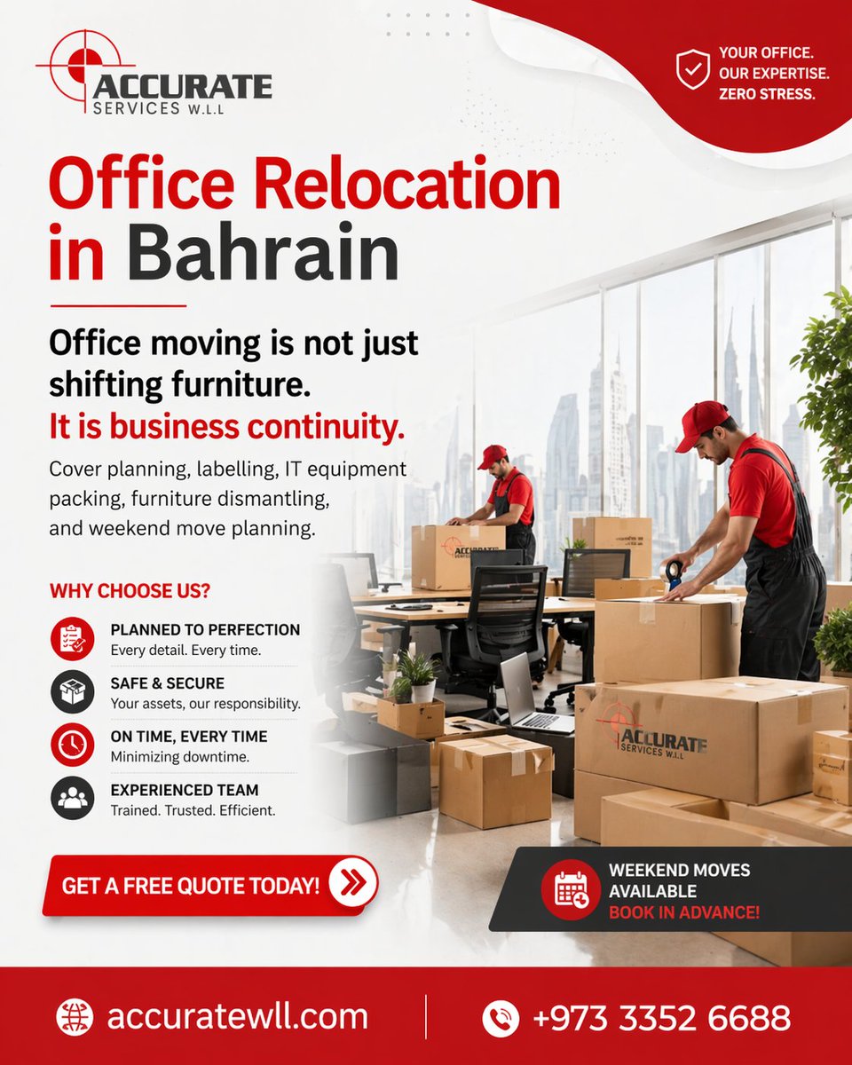 accuratewll's tweet image. Most office relocations fail because they focus only on moving furniture…

Most office relocations fail because they focus only on moving furniture…
❌ Delays disrupt work

🌐 accuratewll.com

📞+973 3352 6688

#OfficeRelocation #BahrainBusiness #MovingServicesBahrain