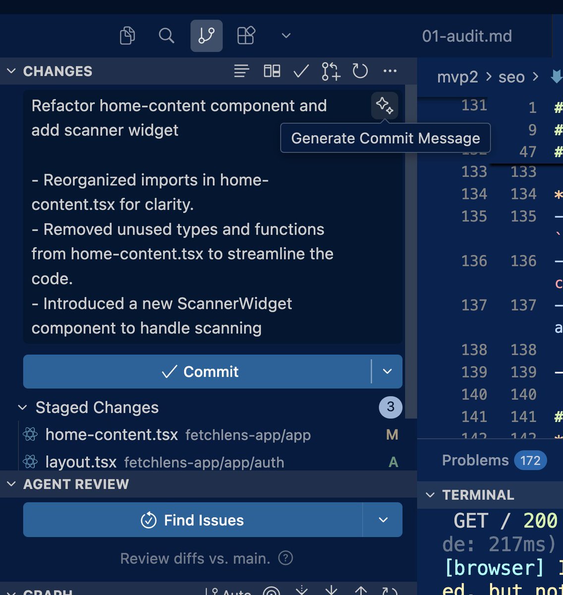 I found this feature in cursor today "Generate commit message" , very useful.

don't have  prompt CC or Cursor " generate commit msg for staged code"