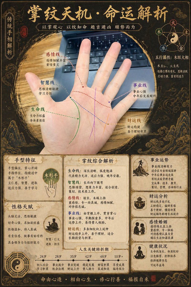 ma_zhenyuan's tweet photo. 你们用这个提示词去 Image-2 算个手相
我感觉好准！
他连事业、财运、什么时候遇到贵人算出来了。
而且哪一年初入社会都对上了，分毫不差。
提示词在下面，真的建议你们去感受一下！

拍个手掌照片上传 GPT，然后复制这个提示词：

“  你现在是一位专业的中国传统手相研究者，熟读《麻衣相法》《柳庄相法》《水镜神相》等经典著作。                                             
                                                                                                                                         
  请根据我上传的这张手相图片，分析掌纹特征并生成一张中国传统命理风格的手相分析信息图。                                                   
                                                                                                                                         
  分析时可以关注：                                                                                                                       
  - 主要掌纹（生命线、智慧线、感情线、事业线、财运线）的走向和特征
  - 手型特征和五行属性                                                                                                                   
  - 性格天赋和核心特质                                                                                                                   
  - 事业、财运、感情、健康等人生维度                                                                                                     
  - 可能的人生关键转折期                                                                                                                 
                                                                                                                                         
  信息图风格建议：                                                                                                                       
  - 中国传统命理美学，可以用水墨风、金色点缀                                                                                             
  - 在图中使用我上传的手相照片作为主视觉                                                                                                 
  - 可以在手相照片上标注主要掌纹位置                                                                                                     
  - 用传统符号和图案装饰（如五行、八卦、祥云等）                                                                                         
  - 布局清晰，信息分层展示                                                                                                               
  - 整体氛围神秘而专业                                                                                                                   
                                                                                                                                         
  请基于我上传的手相照片，分析并生成这张信息图。 ”