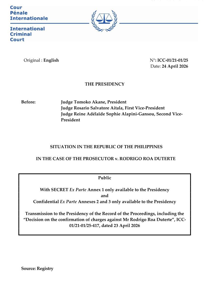 The decision confirming the charges against former president Rodrigo Duterte has been transmitted to the ICC Presidency.

The ICC Presidency, led by Judge Tomoko Akane, is expected to constitute a separate Trial Chamber tasked to handle Duterte’s case.

The ICC Pre-Trial Chamber