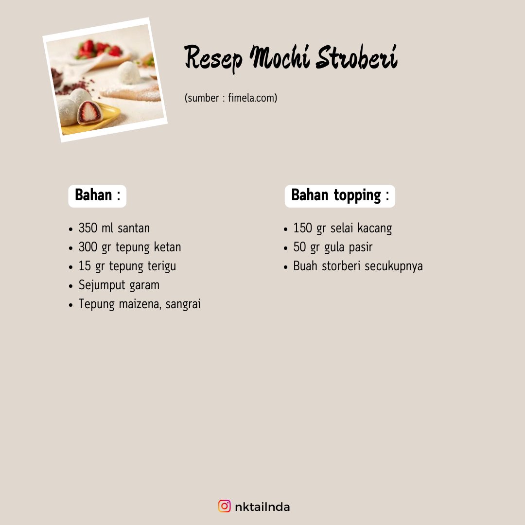 nktailnda's tweet photo. Mochi memiliki rasa manis, tekstur yang lembut dan mulur. Biasanya isian mochi terdiri dari gula dan kacang tanah. Namun, di Jepang camilan yang satu ini terkenal dengan isian stroberi.
Bersumber dari https://t.co/DZzLLuxxom , berikut ini resep mochi dengan isian buah stroberi https://t.co/we1uowZXiE