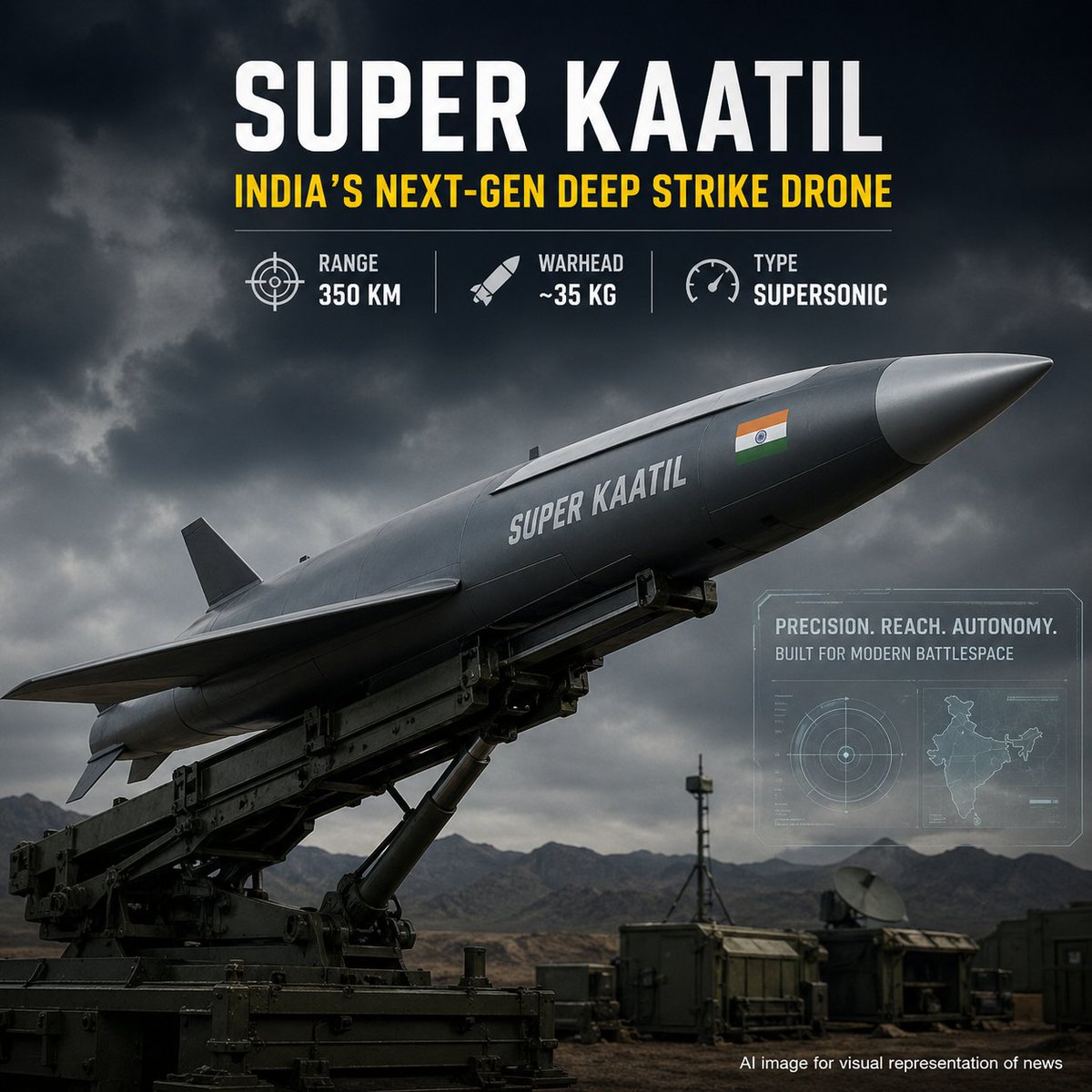 IndianDefenceT's tweet image. Dynamatic Technologies plans “Super Kaatil,” a supersonic loitering munition with 350 km range and ~35 kg warhead, enabling deep-strike precision attacks and strengthening India’s indigenous long-range autonomous combat drone capability.

#DefenceTechnology #IndianMilitary