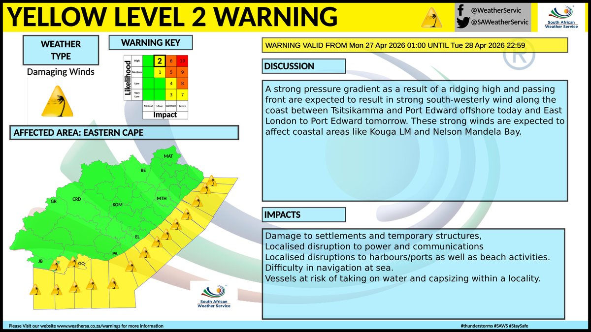 Yellow level 2 warning: Damaging winds Affected area: Eastern Cape ...