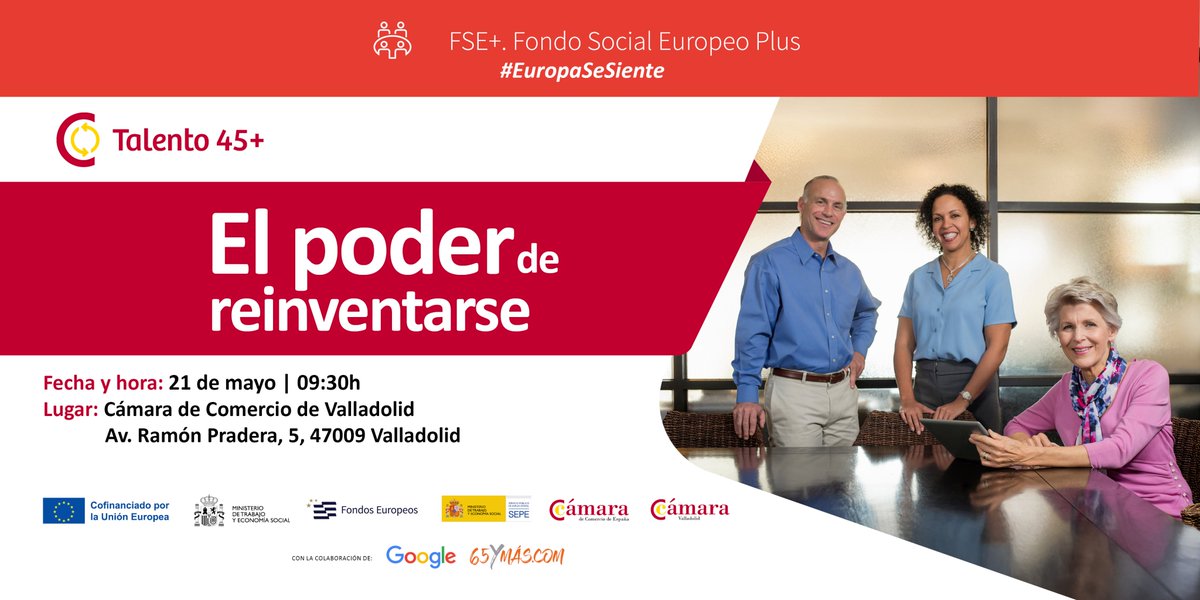 cam_valladolid's tweet photo. 💡 Reinventarte a los 45+ es tu mejor oportunidad
“El poder de reinventarse” impulsa a mayores de 45 a volver al mercado laboral con más herramientas y confianza 🚀

Inscríbete https://t.co/xOI4qHSC3r

Financiado por @FondosUE_Esp #EuropaSeSiente 
 #ReinvenciónProfesional #Empleo https://t.co/hcMIpBLOK3
