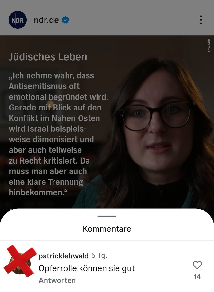 JoergMGehrke's tweet image. Der #NDR postet einen informativen Beitrag über #Antisemitismus und jüdisches Leben in Deutschland, lässt aber antisemitische Kommentare ("Opferrolle", "Victim Card" und "Antisemitismusstempel") seit Tagen und trotz meines Hinweises bei #Instagram stehen. instagram.com/p/DXbHr6siGVl/…