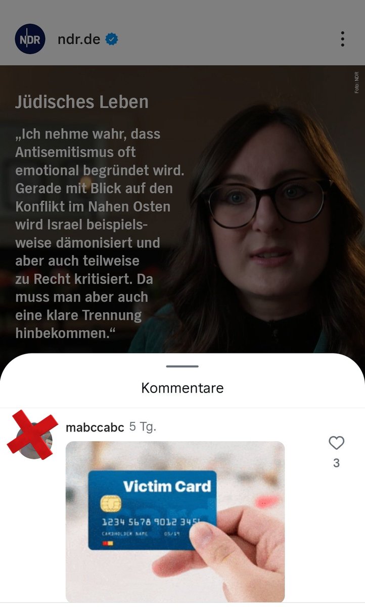 JoergMGehrke's tweet image. Der #NDR postet einen informativen Beitrag über #Antisemitismus und jüdisches Leben in Deutschland, lässt aber antisemitische Kommentare ("Opferrolle", "Victim Card" und "Antisemitismusstempel") seit Tagen und trotz meines Hinweises bei #Instagram stehen. instagram.com/p/DXbHr6siGVl/…