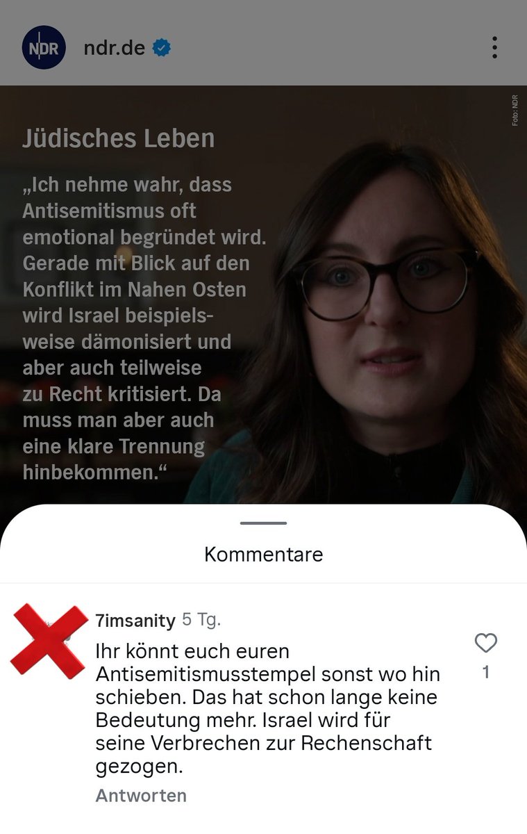 JoergMGehrke's tweet image. Der #NDR postet einen informativen Beitrag über #Antisemitismus und jüdisches Leben in Deutschland, lässt aber antisemitische Kommentare ("Opferrolle", "Victim Card" und "Antisemitismusstempel") seit Tagen und trotz meines Hinweises bei #Instagram stehen. instagram.com/p/DXbHr6siGVl/…