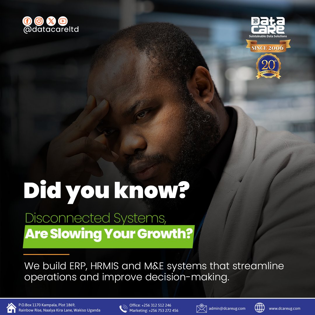 Dcareug's tweet photo. 𝗗𝗶𝘀𝗰𝗼𝗻𝗻𝗲𝗰𝘁𝗲𝗱 𝘀𝘆𝘀𝘁𝗲𝗺𝘀 𝗱𝗼𝗻’𝘁 𝗷𝘂𝘀𝘁 𝘀𝗹𝗼𝘄 𝘆𝗼𝘂 𝗱𝗼𝘄𝗻 𝘁𝗵𝗲𝘆 𝗹𝗶𝗺𝗶𝘁 𝘆𝗼𝘂𝗿 𝗴𝗿𝗼𝘄𝘁𝗵.

At Data Care, we build #ERP, HRMIS and Monitoring &amp; Evaluation systems that bring everything into one place giving you clarity, control and efficiency. https://t.co/4Yql0pMrW9