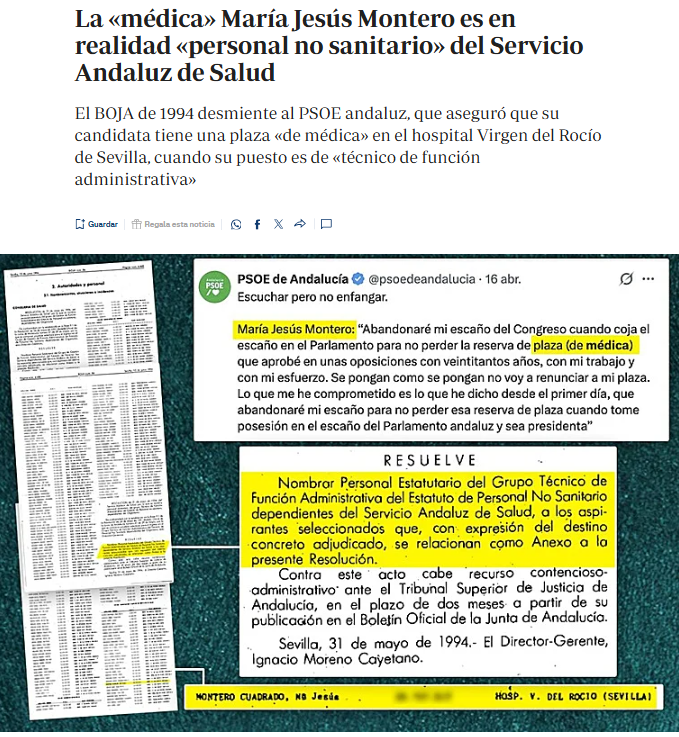 FroilLannister's tweet photo. En el colmo ya del uso de la mentira, Marichús afirmó hace escasos días que no renunciaba al escaño del Congreso para no perder su plaza de "médica", cosa que es un bulo porque podía haberla mantenido aún renunciando al escaño

Pero, por si esto no fuera suficiente, resulta que no, que dicha plaza que guarda con tanta devoción no es de médica, sino concretamente una plaza del "Grupo Técnico de Función Administrativa del Estatuto de Personal No Sanitario". Es decir, un puesto de gestión, no de atención sanitaria. 

Mienten tanto y de forma tan constante que ya son incapaces de hacerlo en todo lo que dicen.