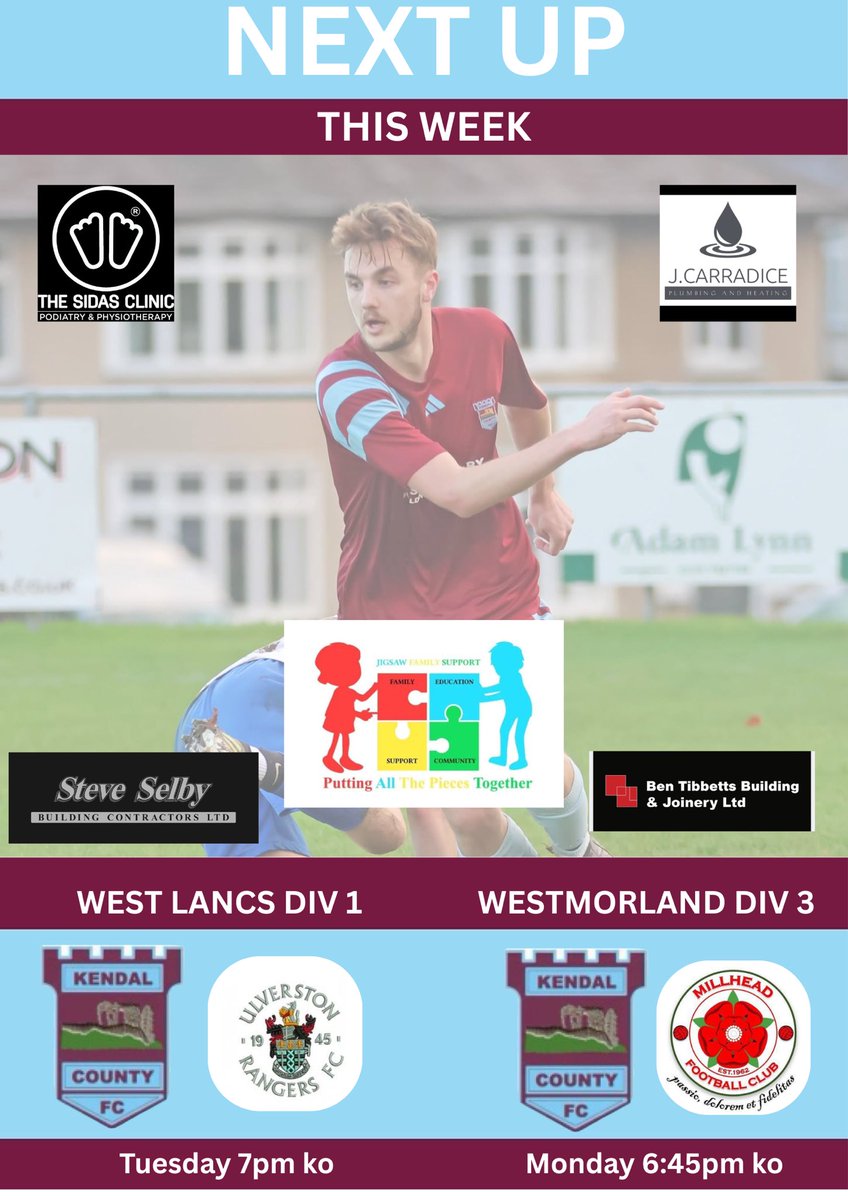 KendalCounty's tweet photo. Next up ⚽️

Quick turn around for the 1sts as they look to bounce back after yesterdays dropped points. They host a tough @UlvRangers2017 on Tuesday night. Match sponsored by Jigsaw

Res play tonight at home as they host @FcMillhead as they try to keep in the promotion race

💜💙 https://t.co/FQd8Zgrikv