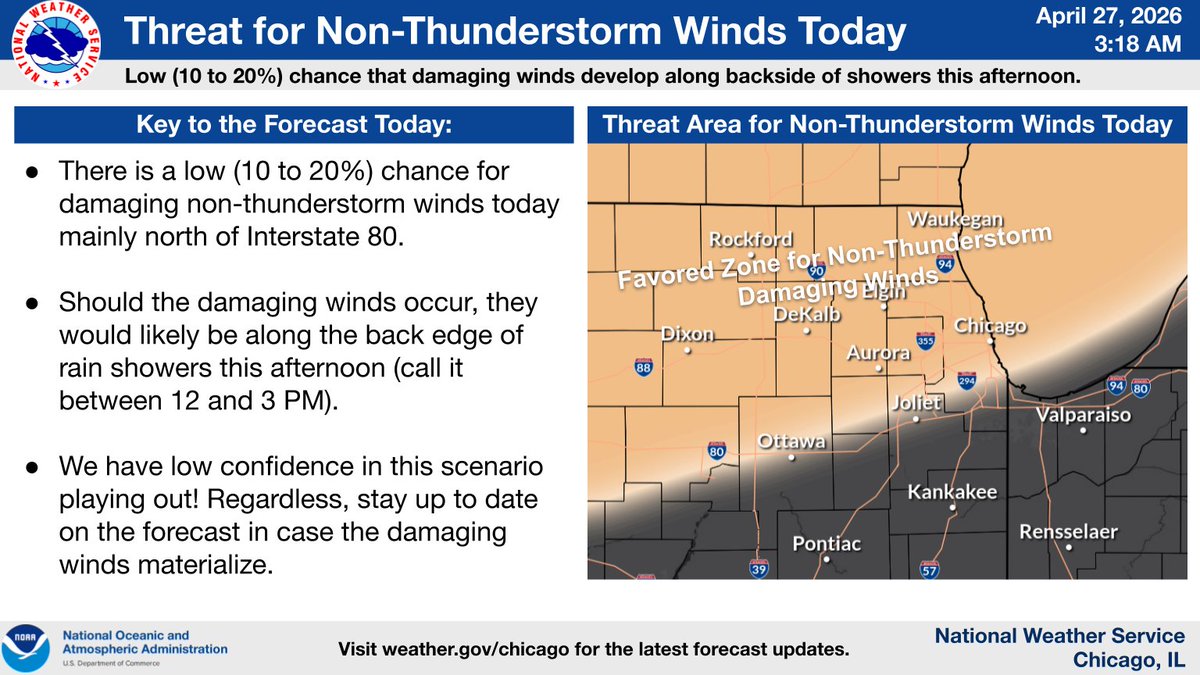 NWSChicago's tweet photo. Here's our latest thinking with the threat for severe weather today. Stay up to date on the forecast and have mulitple ways to get warnings! #ILwx #INwx https://t.co/yhR9BJUKvE