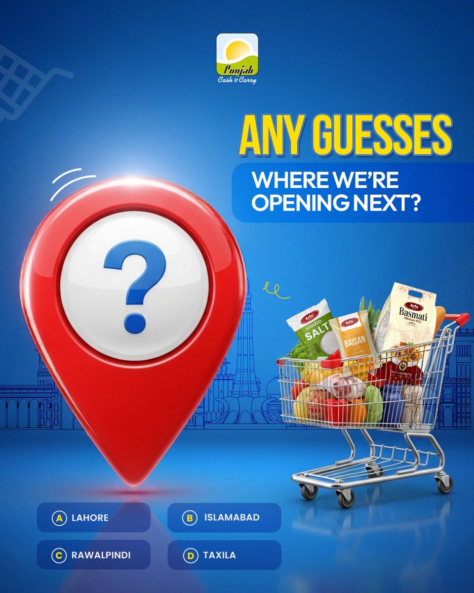 pccofficial_'s tweet image. More savings, closer to you! 🛒
Guess where Punjab Cash &amp;amp; Carry is opening next? 

#punjabcashandcarry #supermarket #grocery #retailexcellence #islamabad #lahore #rawalpindi #taxila