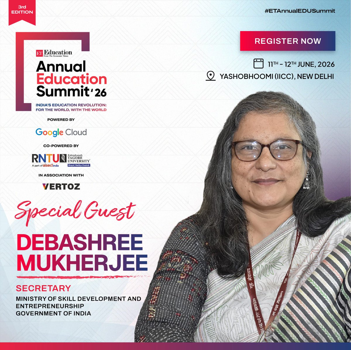 _ETEducation's tweet image. Debashree Mukherjee joins Annual Education Summit 2026 as Special Guest.

Insights on India’s future-ready workforce &amp;amp; education ecosystem.

📅 11–12 June | 📍 Yashobhoomi (IICC)

Register: education.economictimes.indiatimes.com/annual-educati…

#FutureOfEducation #SkillDevelopment #ETAnnualEDUSummit