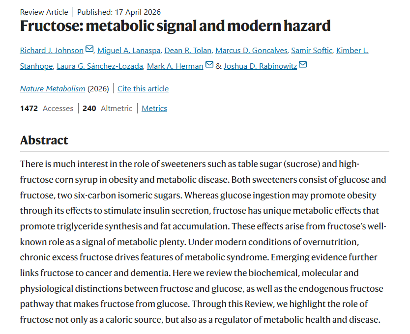 fleroy1974's tweet photo. "Fructose has unique metabolic effects that promote triglyceride synthesis &amp; fat accumulation [arising] from fructose’s well-known role as a signal of metabolic plenty. Under modern conditions of overnutrition, chronic excess fructose drives features of metabolic syndrome." https://t.co/dnJMj5L9wJ
