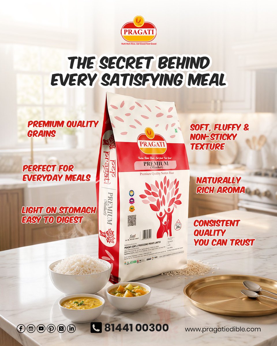 PragatiEdibles's tweet image. The True Secret of Every Satisfying Meal tells a story.

With Soft, Fluffy grains of 𝐏𝐫𝐚𝐠𝐚𝐭𝐢 𝐏𝐫𝐞𝐦𝐢𝐮𝐦 𝐑𝐢𝐜𝐞, every plate feels complete &amp;amp; quality you can trust

WhatsApp at 8144100300 or bit.ly/4417Pe
.
.
#Pragati #Rice #NutriRichRice #PremiumMiniketRice