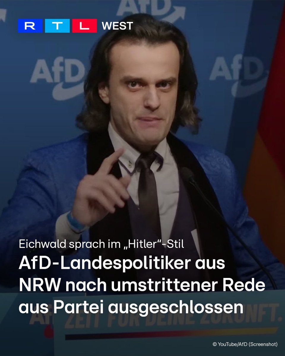 RTLWEST's tweet photo. Nach einer umstrittenen Rede ist #AlexanderEichwald aus der #AfD ausgeschlossen worden. Das entschied das Landesschiedsgericht der Partei in Nordrhein-Westfalen. Zuvor hatte #Eichwald bei einem Jugendkongress in #Gießen mit einer Rede im Stil von Adolf Hitler für Kritik gesorgt. Er bewarb sich bei der Gründung der Organisation Generation Deutschland um einen Vorstandsposten. Der zuständige Kreisverband #Herford beantragte nach dem Auftritt den Parteiausschluss. Als Grund nannte er schweres parteischädigendes Verhalten. Eichwald kann noch vor das Bundesschiedsgericht ziehen.