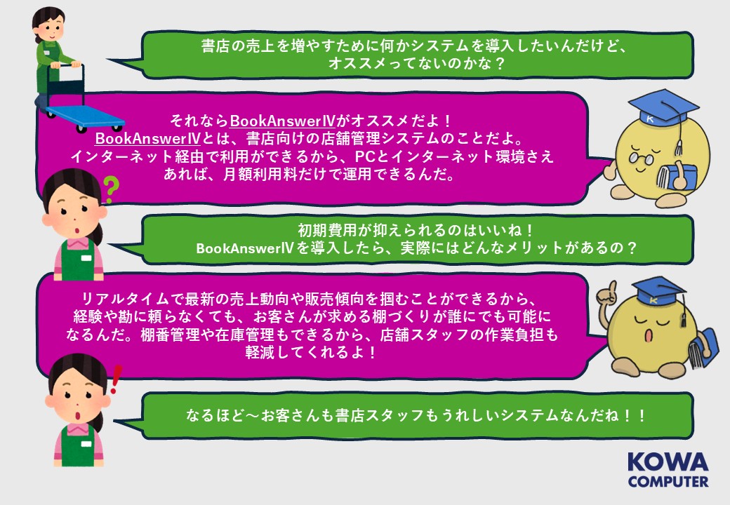 kowa_com's tweet photo. #書店システム部 です!
#光和のシステム紹介 今月は書店のシステムについて紹介していきます📖
第5回は #BookAnswerⅣ について🌟
書店様が抱えるお悩み、BookAnswerⅣで解決できるかも💭
#光和コンピューター
#店舗管理
#棚番管理
#在庫管理 https://t.co/ISWozcGEnX