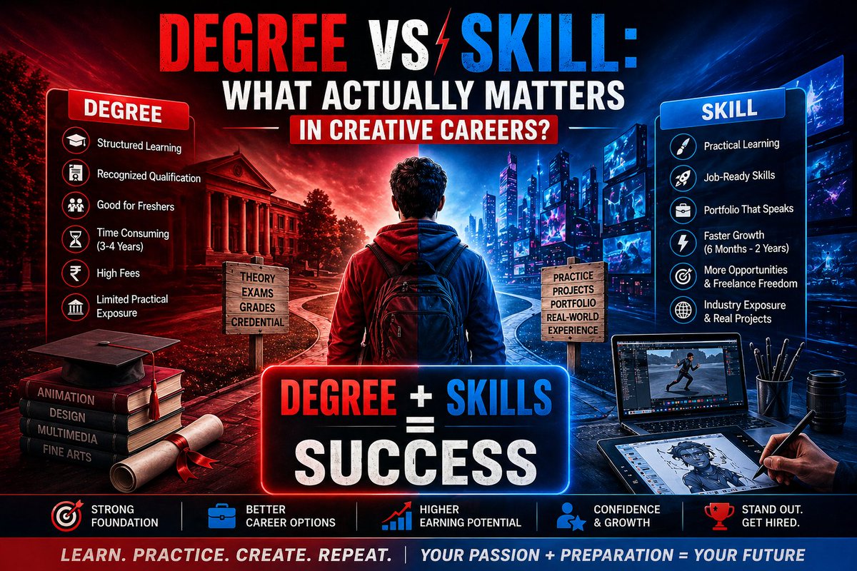Arenadilshad's tweet image. Most students get this WRONG about creative careers 
🎓 Degree = Knowledge
🎯 Skill = Execution
But the truth is👉 Degree + Skills = Success

Read this before choosing your career:
 arenaanimationcenter.com/blog/degree-vs…
#DegreeVsSkill #CreativeCareers #Animation #Design