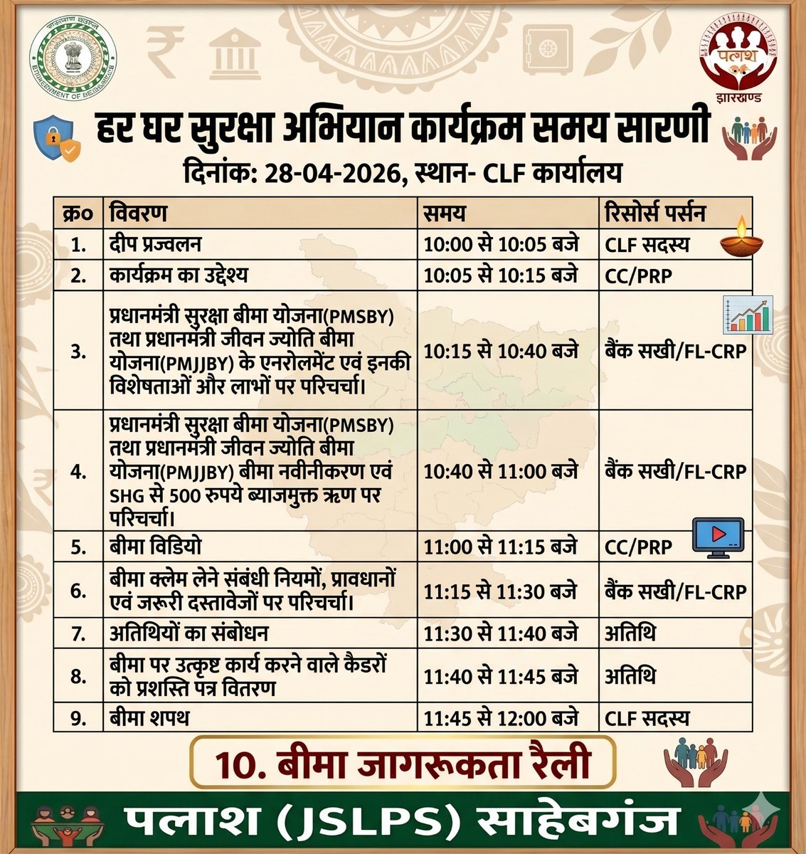 dc_sahibganj's tweet image. #हर_घर_सुरक्षा अभियान
28 अप्रैल को सभी CLF केंद्रों पर विशेष आयोजन।
लक्ष्य: 1.20 लाख परिवारों का बीमा रिन्यूअल
PMSBY &amp;amp; PMJJBY का नामांकन/नवीनीकरण
खाते में ₹500 बैलेंस रखें
SHG के माध्यम से सहायता व क्लेम जानकारी
सिर्फ ₹20 व ₹436 में सुरक्षा कवच—
#InsuranceForAll @onlineJSLPS