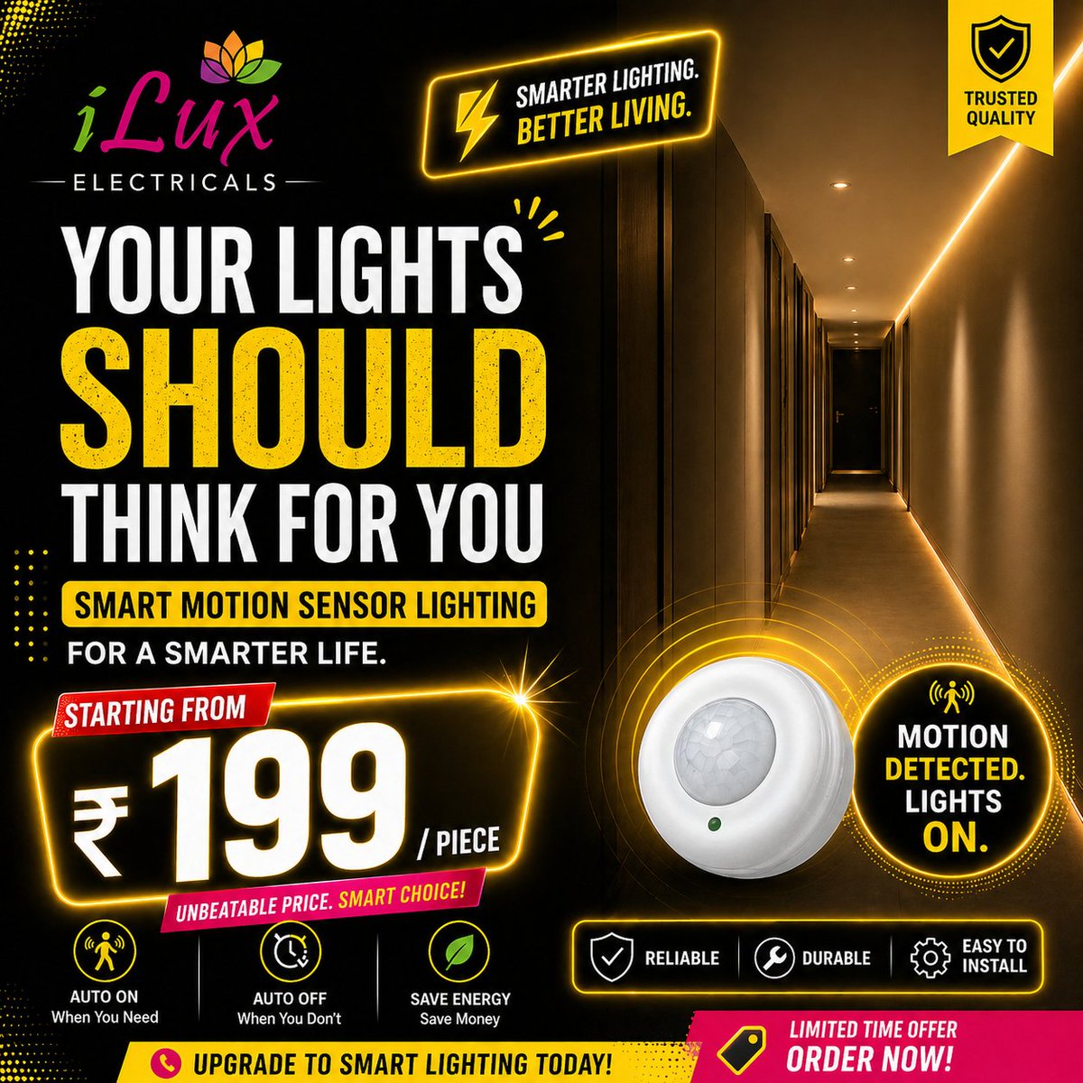 ElectricalsIlux's tweet image. Your lights just got smarter ⚡

Upgrade to motion sensor lighting that works for you — auto ON, auto OFF, zero hassle.

💡 Save energy
💰 Save money
🏠 Smart living starts here
Starting from just ₹199/piece
#SmartLighting #HomeAutomation #EnergySaving #SmartHome #MotionSensor