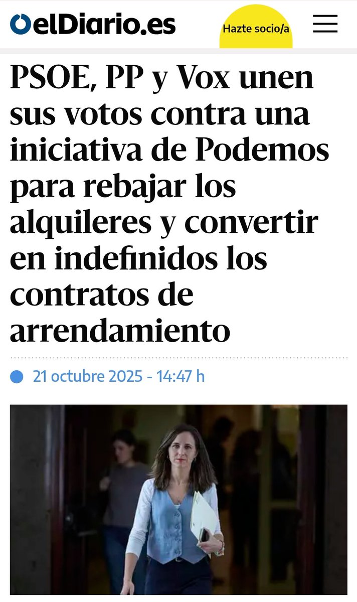 En 2022 el PSOE se negaba a aprobar la ley de vivienda e Ione Belarra tuvo que pedir presión social. PSOE descafeinó y boicoteó la ley y no ha parado de tumbar con las derechas las propuestas de Podemos.
Leed a todo lo que han estado votado en contra
eldiario.es/politica/ultim…