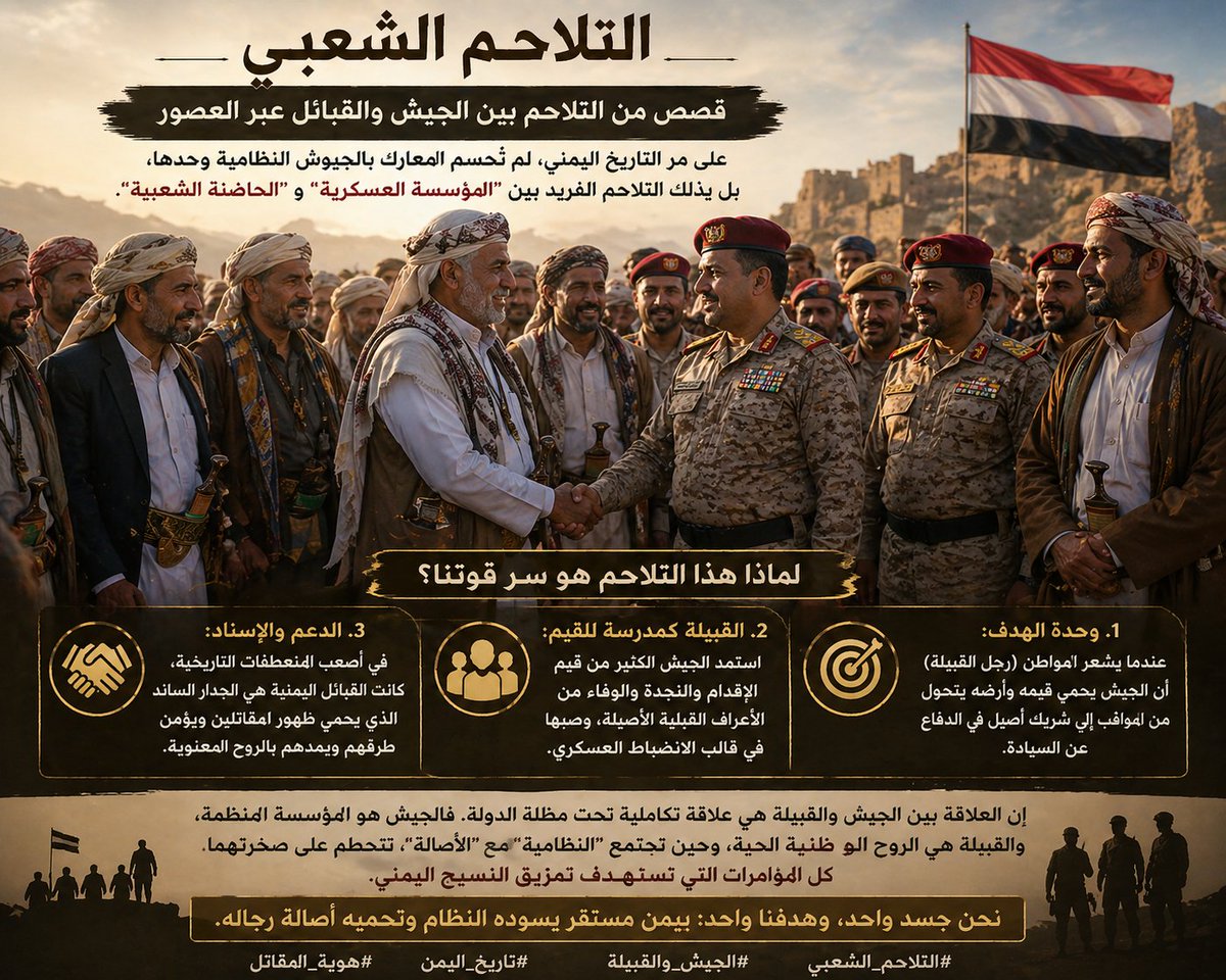 التلاحم الشعبي.. قصص من التلاحم بين الجيش والقبائل عبر العصور

على مرّ التاريخ اليمني، لم تُحسم المعارك بالجيوش النظامية وحدها، بل بذلك التلاحم الفريد بين "المؤسسة العسكرية" و**"الحاضنة الشعبية"**. فقد كانت القبيلة اليمنية، بأعرافها وأصالتها، تمثّل دائمًا المخزون البشري والمدد