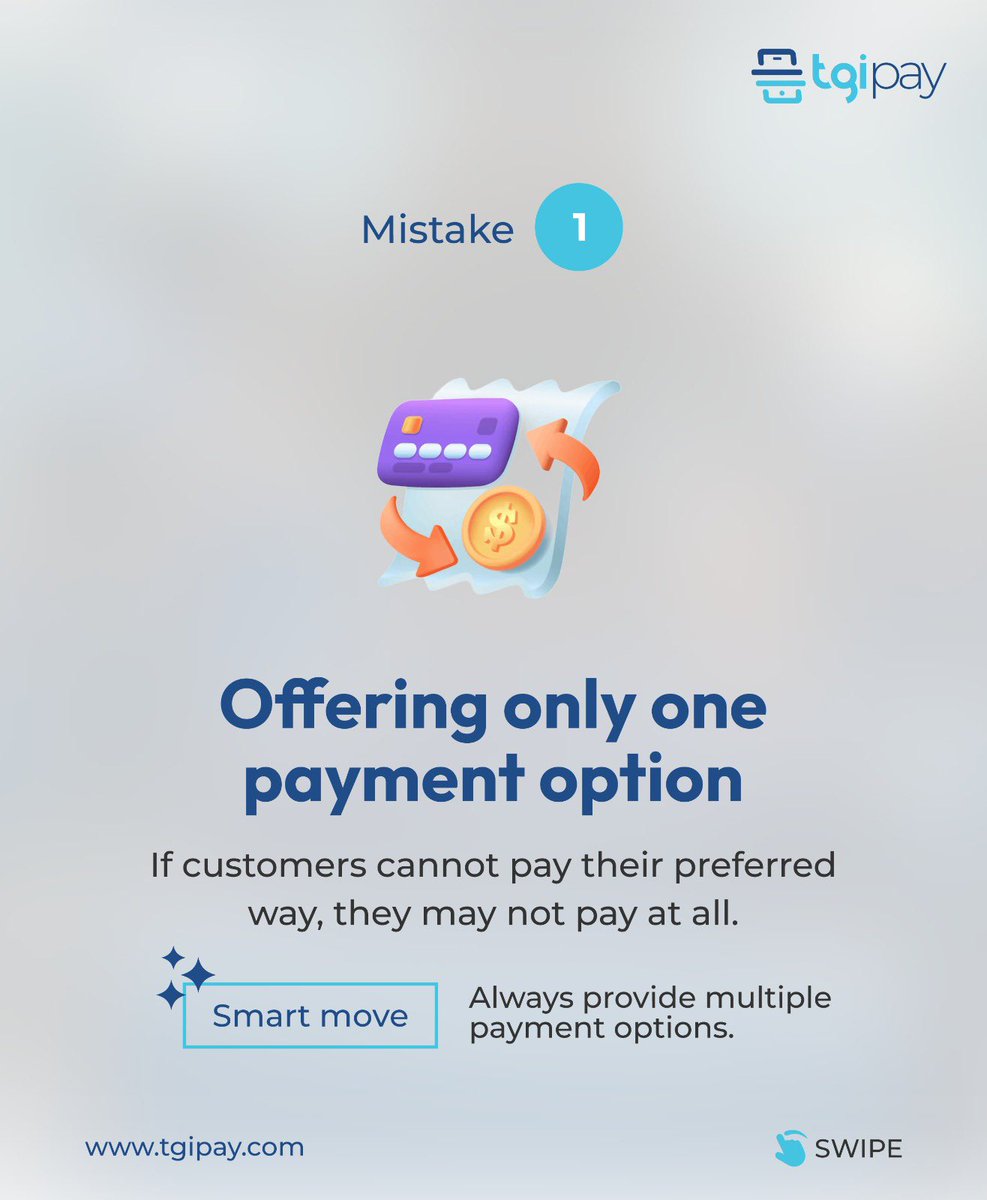 tgipay's tweet image. Many businesses don’t lose customers because of bad products…
They lose them because payment is stressful.

Avoid these common mistakes and make it easier for customers to pay you.

#tgipay #paymentgateway #businessowners #digitalpayments #fintechafrica #businesstips