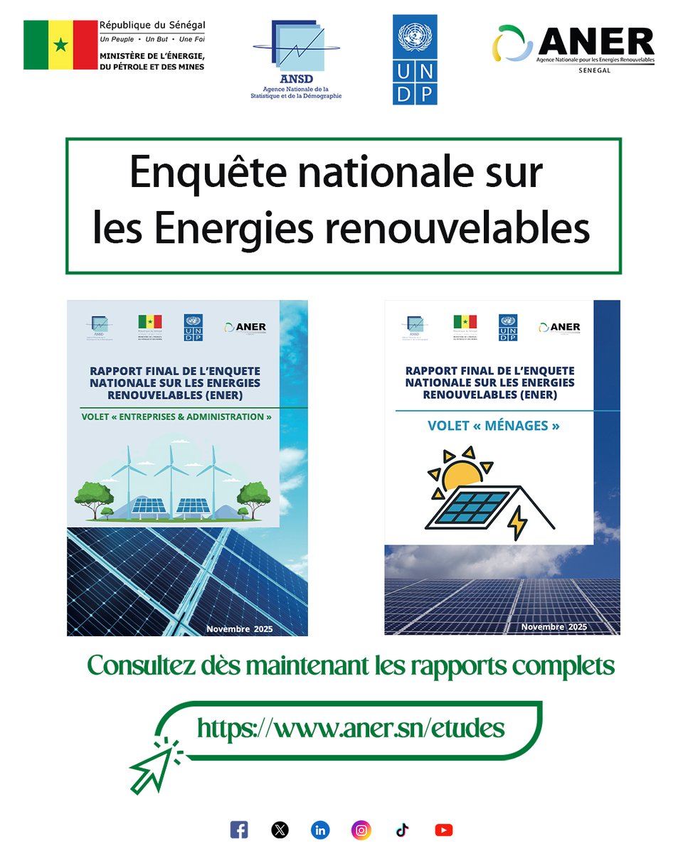 anersenegal's tweet photo. Le Sénégal lance l’enquête nationale sur les énergies renouvelables (#ENER), portée par le @Mepmsenegal avec l’appui du @PNUDSenegal. Réalisée par l’@statsenegal sous la coordination de l’ANER, elle analyse production, accès et défis du secteur.
🔎 https://t.co/jh81WS0Sop https://t.co/hDGPxrhefV