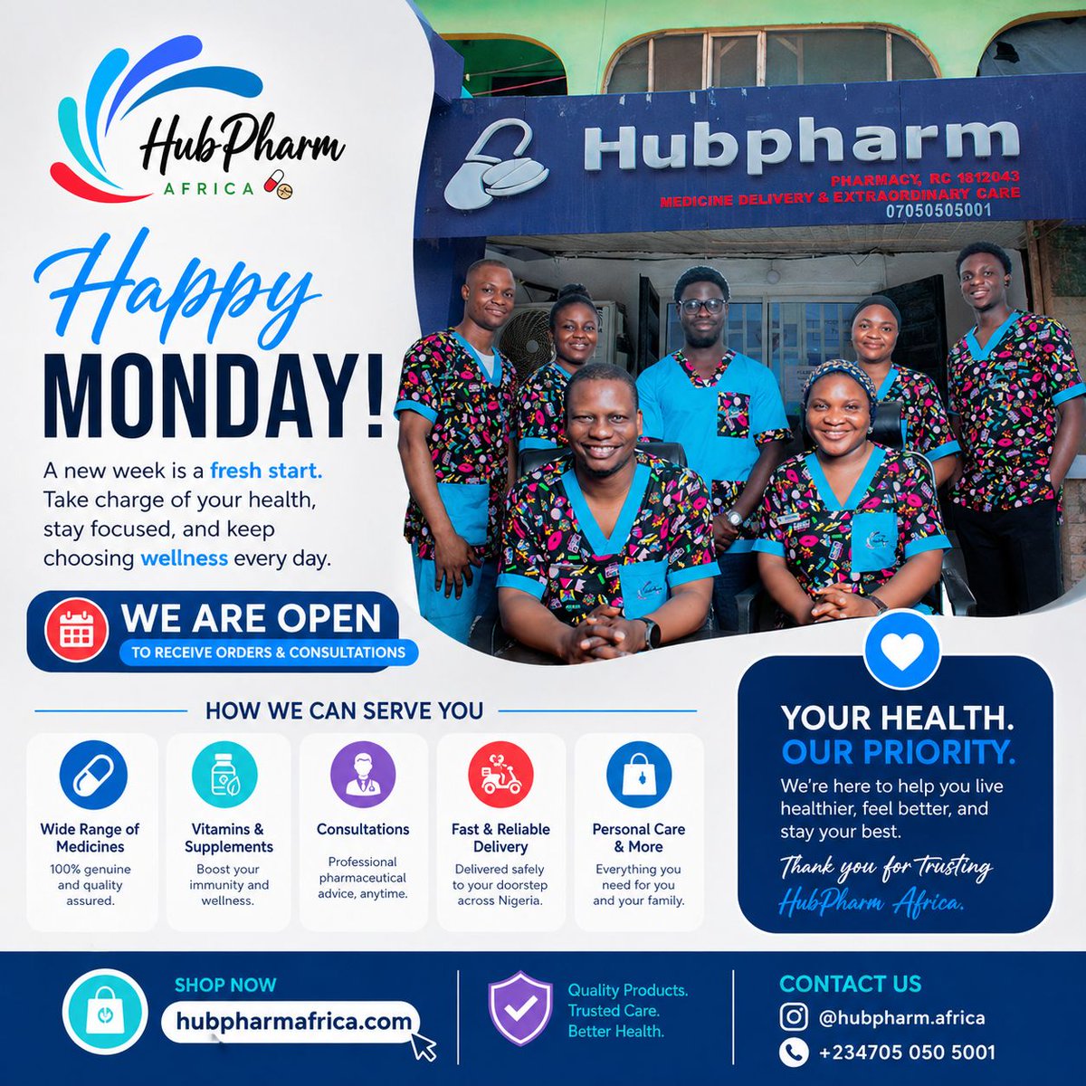 Happy Monday from HubPharm Africa!

We’re open and ready to help with your medication needs, wellness products, consultations, and reliable delivery.

Let’s make healthy choices together this week.