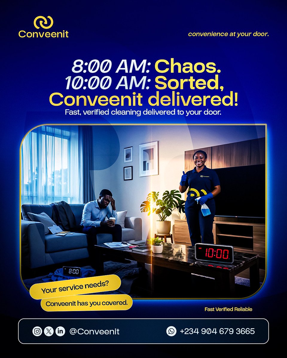 conveenit's tweet photo. Someone needed a cleaner urgently at 8am…
By 10am, Conveenit had already delivered.
No stress. No delays. Just fast, trusted service at your doorstep.
That’s the Conveenit way.
#Conveenit #CleaningService #FastService #LagosServices #HomeCare https://t.co/ifGSxTxNrF