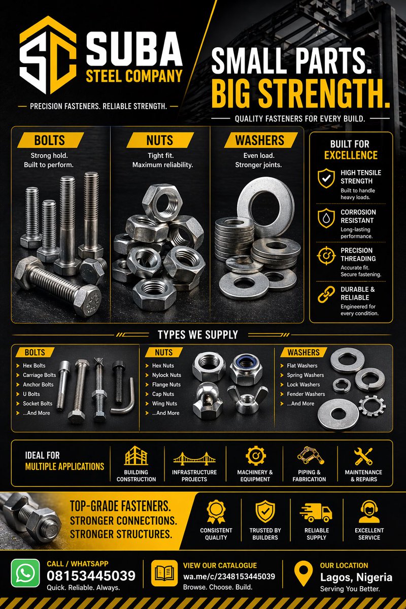 Dimeeji's tweet image. Strong structures start with the right fasteners. 🔩
Premium bolts, nuts &amp;amp; washers built for durability, precision, and heavyduty performance. Trusted for construction, fabrication &amp;amp; industrial projects.
📍 Lagos  
📞 08153445039  
📖 wa.me/c/2348153445039

#Construction #Steel