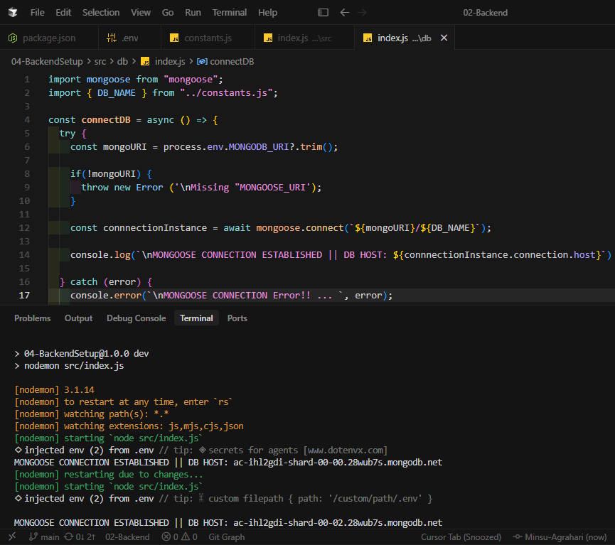 minsuagrahari's tweet image. [Day 8] of backend learning 🚀

Today learned database connection setup:
- Created MongoDB Atlas account
- Connected MongoDB
- Understood connection string
- Used dotenv

 Secure config matters in backend dev.

@nirudhuuu @Hiteshdotcom @ChaiCodeHQ 

#Backend #NodeJS #MongoDB
