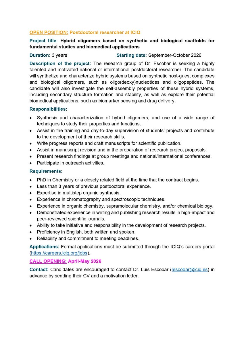 luisescobar1992's tweet image. 📢 Postdoctoral position now open in the Escobar Group at ICIQ (Spain), accepting applications from April 27 to May 17.
careers.iciq.org/jobs/7633945-p…
Research at the interface of supramolecular chemistry and chemical biology.
#Postdoc #SupramolecularChemistry #ChemicalBiology