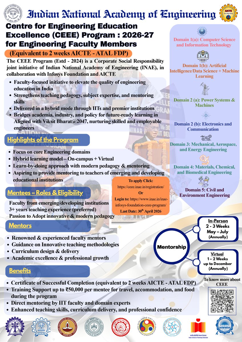 AICTE_INDIA's tweet photo. The AICTE-endorsed CEEE Program 2026–27 by @inaehq1 &amp; @Infy_Foundation brings exclusive mentorship with IIT professors to enhance teaching, innovation &amp; curriculum delivery.

📅 Apply by: 30 April 2026
🔗 https://t.co/dfBESqCONb https://t.co/4WjnGyeI28