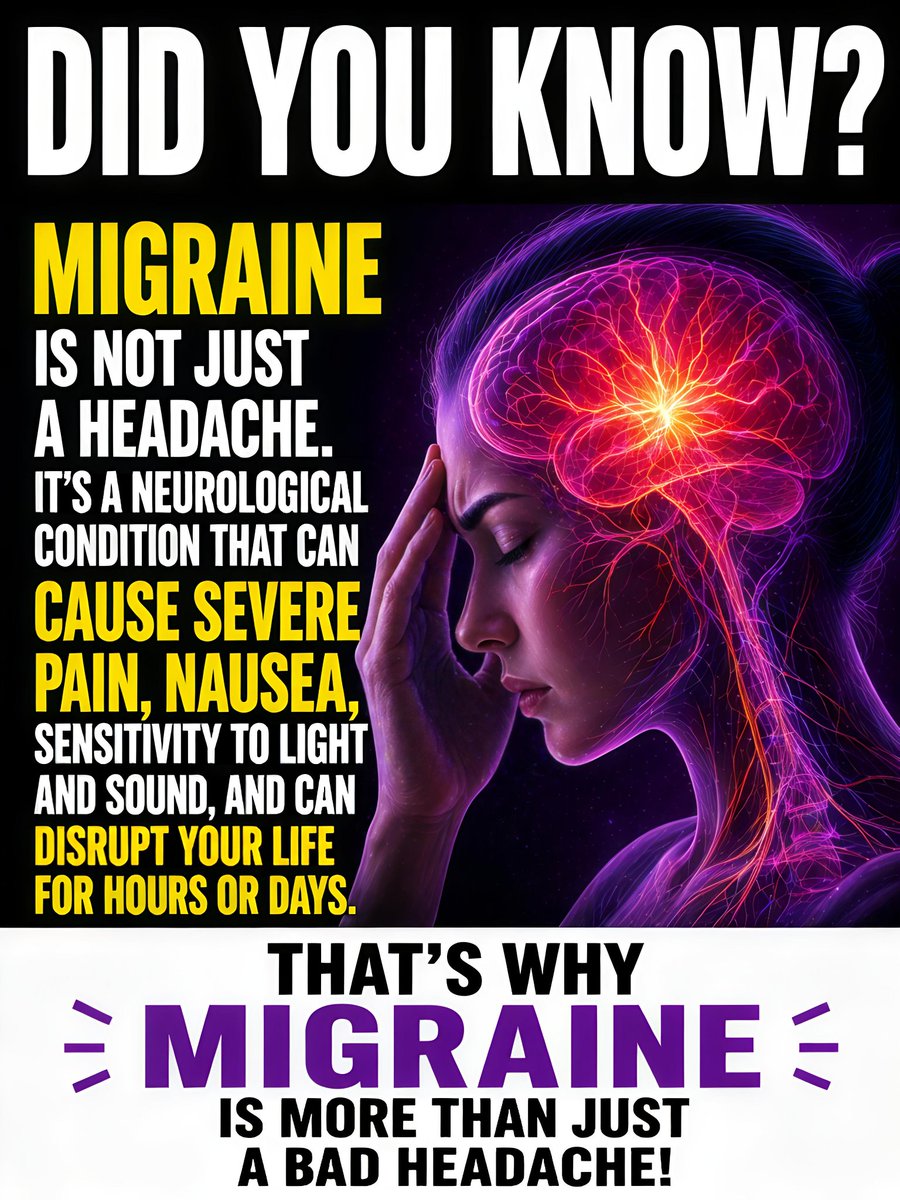 LearnFactsX's tweet image. They call it “just a headache”… until migraine steals hours or days of your life. 🤯⚡

Most people don’t realize migraine is a neurological condition, not normal pain.

#Migraine #HealthFacts #DidYouKnow #BrainHealth